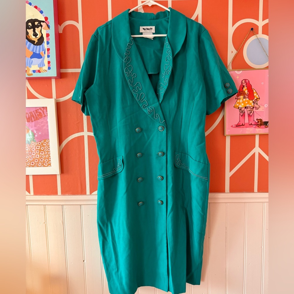 Teal Double-Breasted Dress / coat with Embroidered Details
